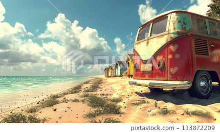 A vibrant red vintage bus is parked on a sandy beach, creating a striking contrast against the natural landscape. 113872209