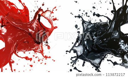 A mesmerizing collision of red and black liquids splashing together, creating a dynamic and visually captivating display against a painted background. A mesmerizing collision of red and black liquids splashing together, creating a dynamic and visually captivating display against a painted background. 113872217