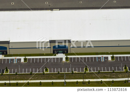 Aerial view of industrial park with goods warehouses and logistics centers in city zone from above Aerial view of industrial park with goods warehouses and logistics centers in city zone from above 113872816