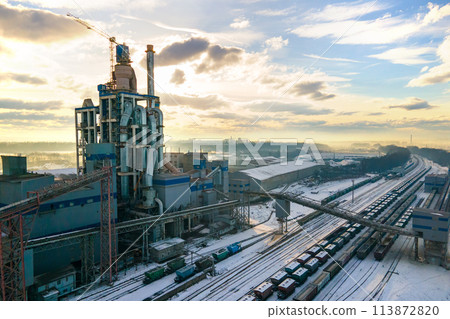 Aerial view of cement plant with high factory structure at industrial production area. 113872820