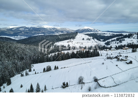 Winter landscape with small rural houses in remote settlement between snow covered forest in cold mountains 113872832
