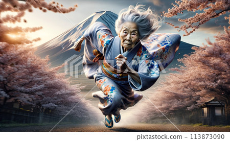 An old woman in a kimono running An old woman in a kimono running 113873090