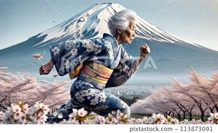 An old woman in a kimono running 113873091