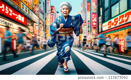 An old woman in a kimono running 113873092
