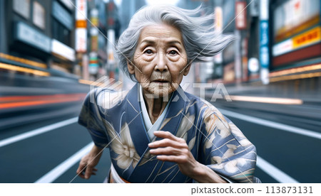 An old woman in a kimono running 113873131