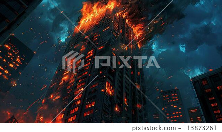 A burning high-rise building 113873261