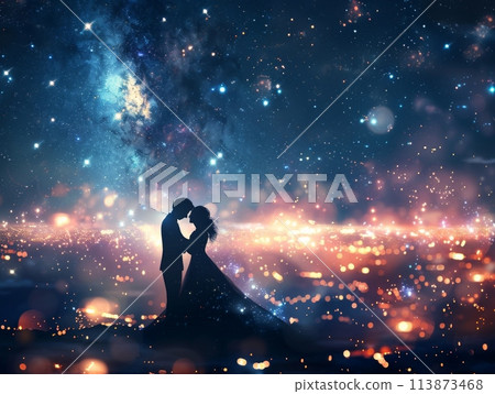A couple kissing passionately in front of a star-filled night sky. 113873468
