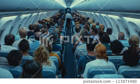 A diverse group of passengers sit comfortably in an airplane, ready to embark on their journey as the aircraft commander oversees the preparations. 113873480