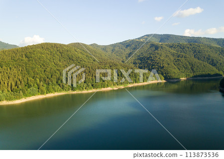 Aerial view of big lake with clear blue water between high mountain hills covered with dense evergreen forest. 113873536