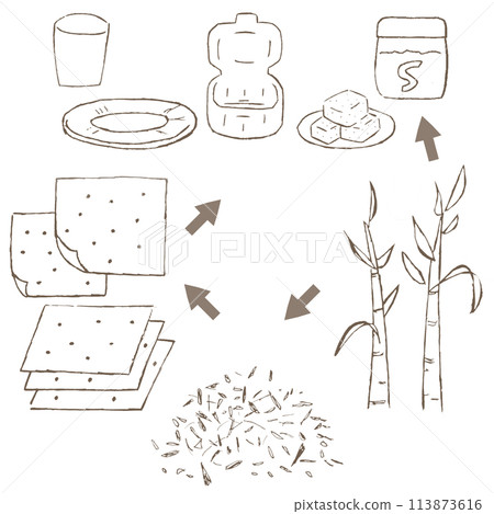 Hand-drawn illustration of bagasse (squeezed sugar cane) until it becomes a container for paper plates, paper cups and lunch boxes 113873616