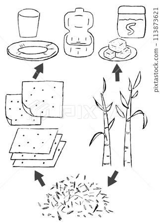 甘蔗渣(壓榨甘蔗)的手繪插圖,直到它成為紙盤、紙杯和午餐盒的容器 甘蔗渣(壓榨甘蔗)的手繪插圖,直到它成為紙盤、紙杯和午餐盒的容器 113873621