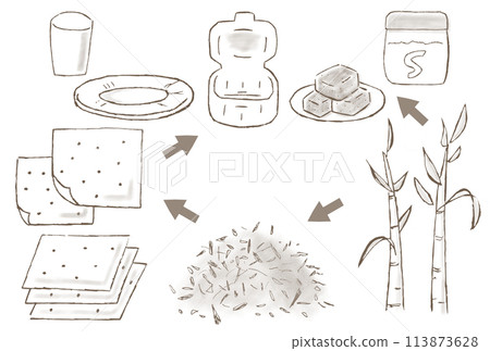 Hand-drawn illustration of bagasse (squeezed sugar cane) until it becomes a container for paper plates, paper cups and lunch boxes Hand-drawn illustration of bagasse (squeezed sugar cane) until it becomes a container for paper plates, paper cups and lunch boxes 113873628