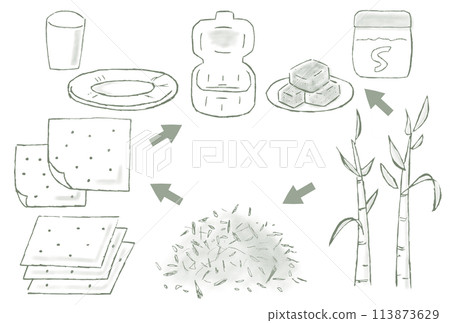 Hand-drawn illustration of bagasse (squeezed sugar cane) until it becomes a container for paper plates, paper cups and lunch boxes 113873629