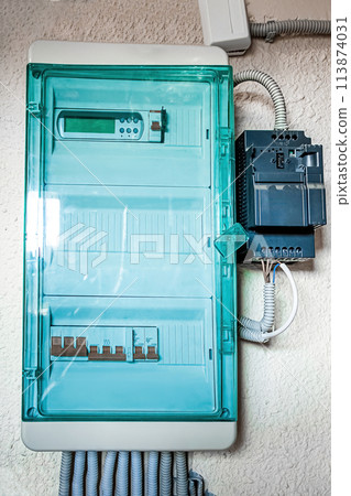 Large electrical distribution panel on the wall. 113874031
