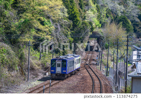 A train departing from Ogawara Station on the Kansai Line 113874275