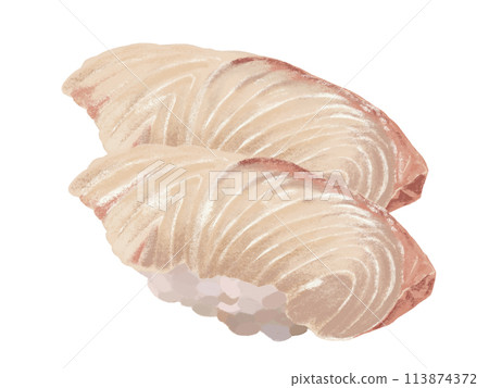Nigiri sushi (2 pieces of amberjack) on white background 113874372