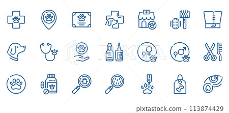 Pet Care and Veterinary Services Icons. Outline Vector Set for Vet Clinic, Animal Health, Dog Grooming and Emergency. Pet Care and Veterinary Services Icons. Outline Vector Set for Vet Clinic, Animal Health, Dog Grooming and Emergency. 113874429