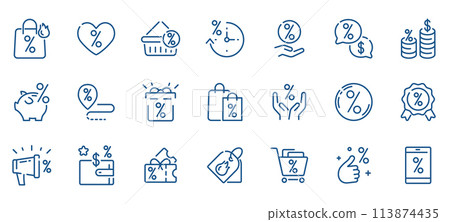 Hot Sale and Great Deals Icon Set: Discounts, Coupons, and Shopping Favorites. Features Piggy Banks, Price Drops, Promo Vouchers, and Gift Bags. Editable Linear Vector Icons for Retail, E commerce 113874435