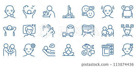 Stress Management Icon Set: Techniques and Activities to Relieve Stress. Includes Yoga, Healthy Sleep, Sports, Reading, and Proper Breathing. Editable Linear Vector Icons for Psychological Support. 113874436