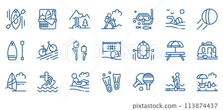 Outdoor Activities Icon Set: Camping, Hiking, Rafting, Diving, and Beach Sports. Features Icons for Mountain Treks, Wildlife Viewing, and Summer Travel. Editable Linear Vector Nature Collection 113874437