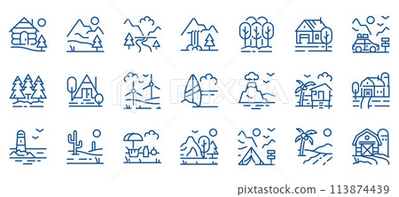 Travel and Nature Line Icons Set. Vector Collection of Vacation, Outdoors, and Landmark Symbols, Perfect for Web, Mobile Apps, and Tourism Agencies 113874439