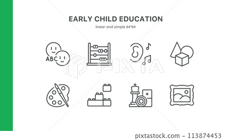 Early Childhood Education Icon Set. Simple Linear Icons of Alphabet, Musical Notes, Building Blocks, Basic Speaking Skills and Painting for Learning and Development. Early Childhood Education Icon Set. Simple Linear Icons of Alphabet, Musical Notes, Building Blocks, Basic Speaking Skills and Painting for Learning and Development. 113874453