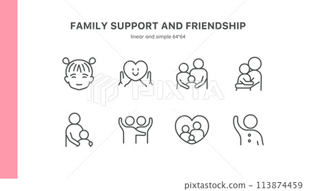 Family Support and Care Icon Set: Parent and Child Interactions. Features Mother, Father, and Children in Scenes of Hugs, Conversations, and Emotional Comfort. Editable Linear Vector Symbols. 113874459