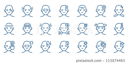 Headache and Migraine Icon Set: Symptoms and Causes. Includes Icons for Stress, Anxiety, Insomnia, and Tension. Editable Linear Vector Collection for Health and Disease Awareness. Headache and Migraine Icon Set: Symptoms and Causes. Includes Icons for Stress, Anxiety, Insomnia, and Tension. Editable Linear Vector Collection for Health and Disease Awareness. 113874463