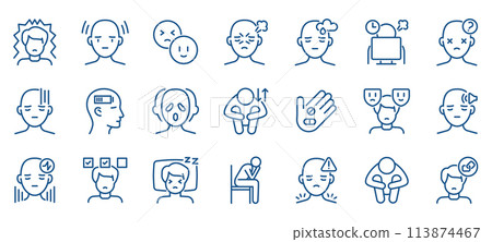 Mental Health Awareness Icon Set. Collection of Outline Symbols for Neurosis, Stress, and Mental Conditions. 113874467
