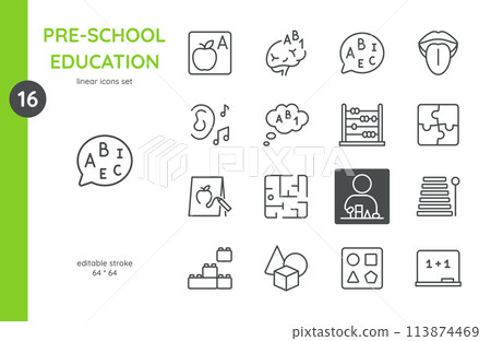 Pre-School Education Icons Set. Linear Editable Stroke Symbols for Early Learning and Child Development Activities. 113874469