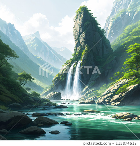 A waterfall surrounded by lush greenery and mountains. A waterfall surrounded by lush greenery and mountains. 113874612
