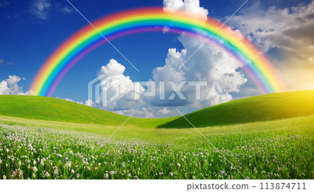 藍天上的彩虹和草原 113874711