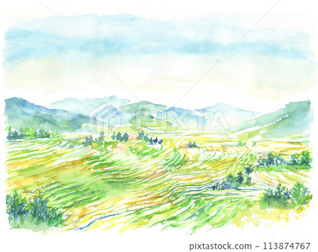 水稻梯田和山脈的水彩風景插圖 水稻梯田和山脈的水彩風景插圖 113874767