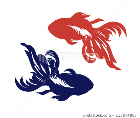 紅色和海軍藍金魚的剪影插圖，看起來像是用畫筆畫的 113874853
