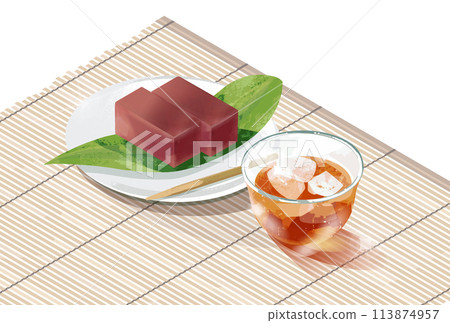 Illustration of barley tea, water yokan and bamboo blind 113874957