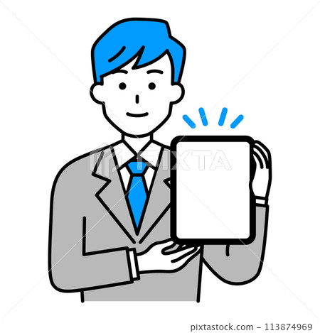 一個穿著西裝的男人拿著平板電腦解釋 113874969