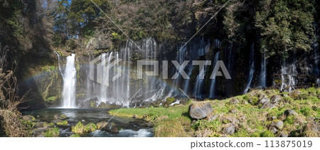 A beautiful rainbow and a spectacular waterfall at Shiraito Falls 113875019