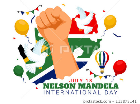 Happy Nelson Mandela International Day Vector Illustration on 18 July with South Africa Flag and Ribbon in Flat Cartoon Background Design 113875141