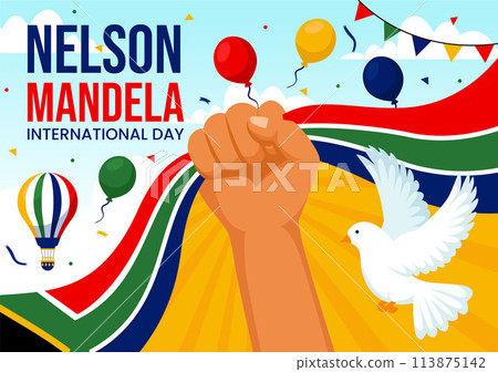 Happy Nelson Mandela International Day Vector Illustration on 18 July with South Africa Flag and Ribbon in Flat Cartoon Background Design 113875142