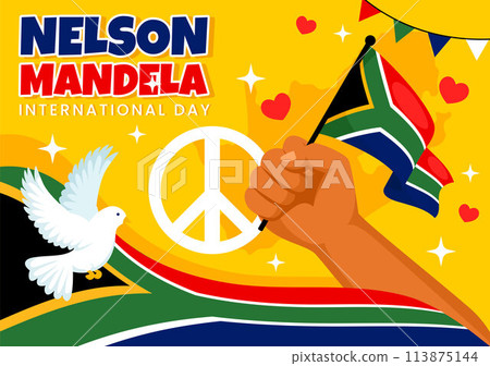 Happy Nelson Mandela International Day Vector Illustration on 18 July with South Africa Flag and Ribbon in Flat Cartoon Background Design Happy Nelson Mandela International Day Vector Illustration on 18 July with South Africa Flag and Ribbon in Flat Cartoon Background Design 113875144