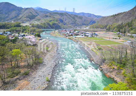 利根川、櫻花季和新鮮的綠色風景,田下不動附近的景色 利根川、櫻花季和新鮮的綠色風景,田下不動附近的景色 113875151
