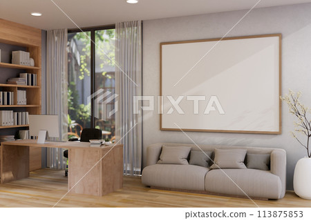 A beautiful contemporary private office or home office featuring a computer desk and a couch. 113875853