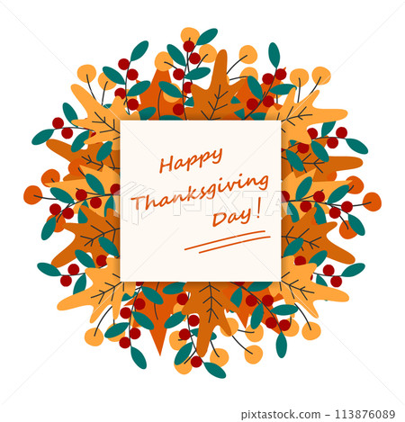 Wreath of colorful autumn leaves and handwriting lettering Happy Thanksgiving Day on a note sticker Wreath of colorful autumn leaves and handwriting lettering Happy Thanksgiving Day on a note sticker 113876089