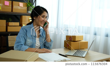 Online seller entrepreneur young asian woman using phone calling, checking online order. Woman calling check goods stock, delivery package shipping. Asian woman startup small business at home office 113876304