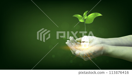 Power plug with Green leaves on a dark green background. 113876416
