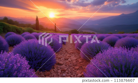 background of blooming lavender field at sunset 113876607