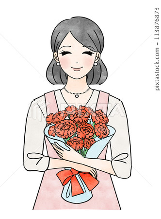 Illustration of a mother holding a bouquet of carnations for Mother's Day Illustration of a mother holding a bouquet of carnations for Mother's Day 113876873