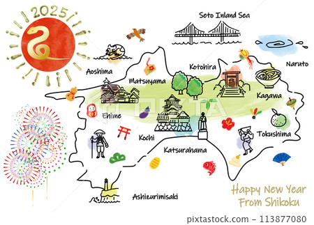 Illustrated map of Shikoku's tourist destinations New Year's card 2025 113877080