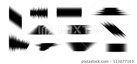 Halftone glitched element set. Dotted textured geometric form collection. Grunge abstract halftone shapes for print, banner, poster, collage, overlay, label, tag. Distressed distorted vector pack 113877163