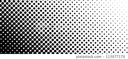 Dotted halftone diagonal texture. Fading polka dot tint gradient background. Repeating dots gradation pattern. Black vanishing comic pop art overlay backdrop. Raster effect wallpaper. Vector 113877178